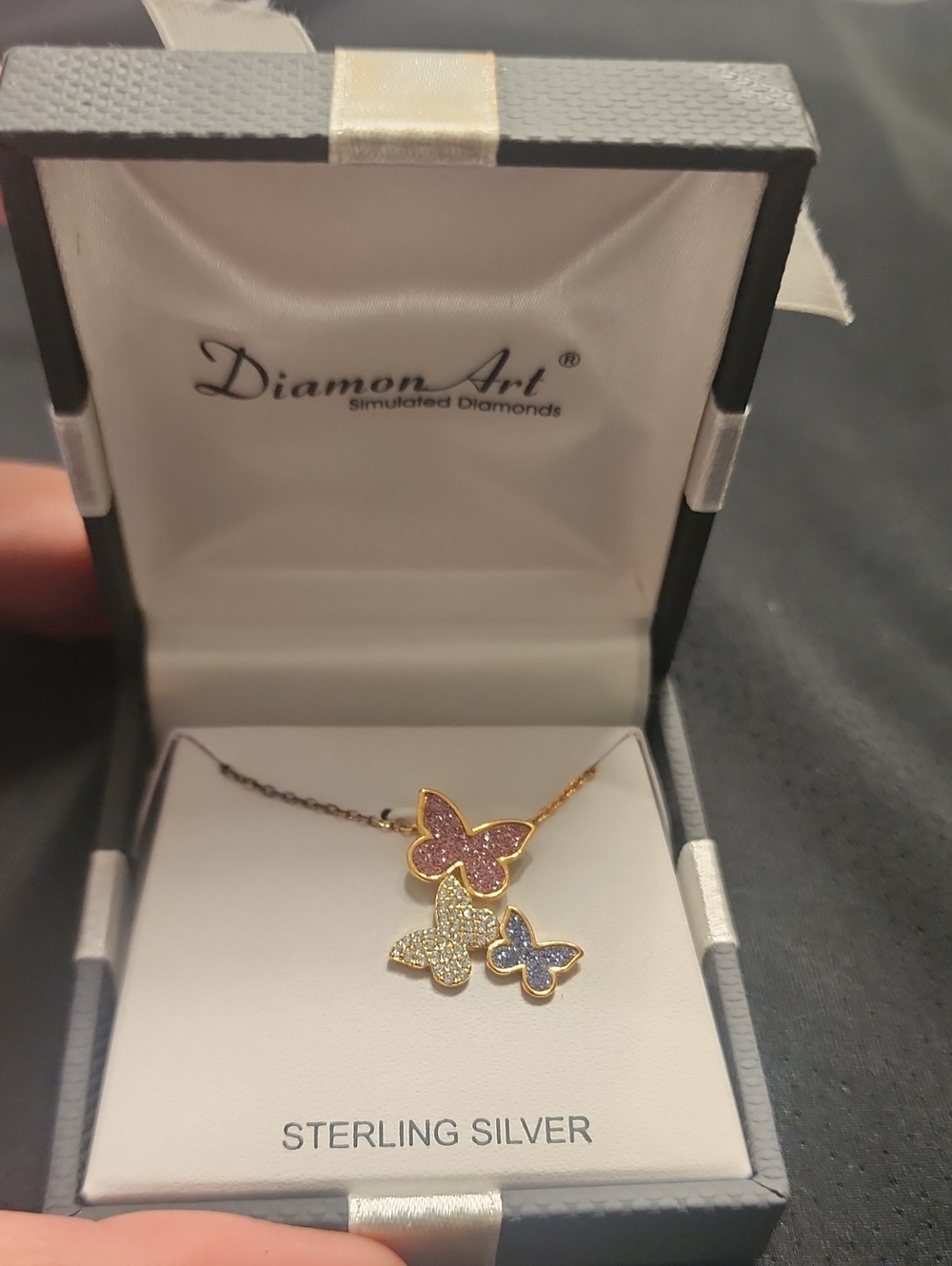 14k Over Sterling Silver Tri-Butterfly Necklace in Pink, Purple & White